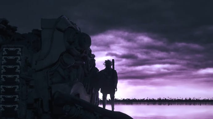 Screenshot from The Game Awards showing Fumito Ueda's next game, a caped hero in silhouette atop a spaceship