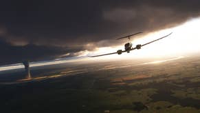 A Flight Simulator 2024 screenshot showing a plane approaching a distant tornado beneath a brooding sky.