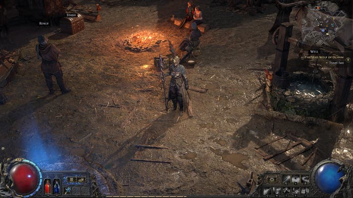 A Path of Exile 2 screenshot showing a Sorceress with two staves