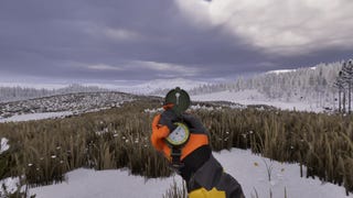 A disembodied hand holds up a compass. Grey clouds cluster overhead, whilst below, tall grass pokes out of a snow-covered ground.