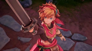 Screenshot of Visions of Mana showing swordsman in red holding a sword aloft